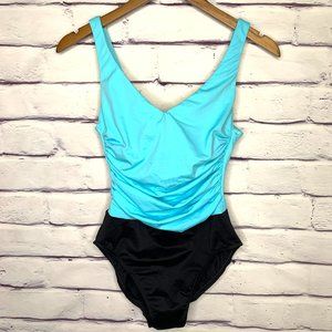Miraclesuit Turquoise Blue & Black Blockbuster Color Block One- Piece Swimsuit 8